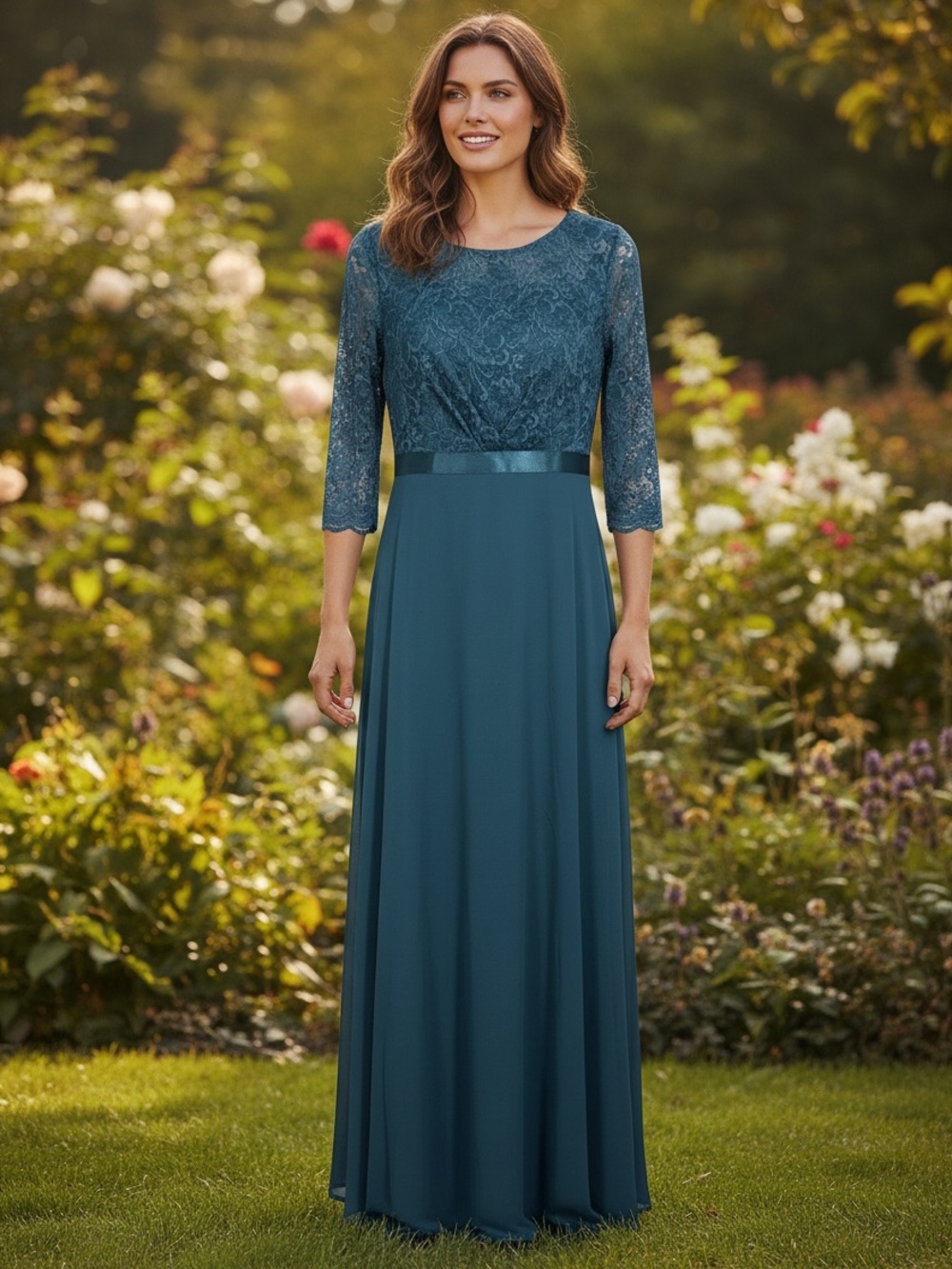 NWT MIUSOL Teal Blue Lace Chiffon Formal Dress Size Large 3/4 Sleeve Mother of